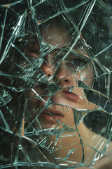 Woman's reflection in broken mirror