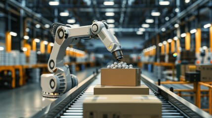 Fototapeta premium A robotic arm picking items off a conveyor belt and placing them in a box. The arm is moving quickly and accurately, and the items are being placed perfectly. 