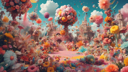 Fototapeta na wymiar A huge colorful landscape with different kinds of objects on top of it, in the style of floral explosions, dreamlike installations, candycore, hybrid creature compositions, photorealistic compositions