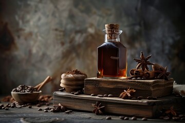 a glass of whiskey with coffee and cinnamon stands on a wooden shelf - Powered by Adobe