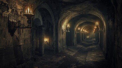 Fototapeta premium Dark, torch-lit medieval catacombs, shadows and grim stone corridors stretching endlessly, conjuring a nightmarish atmosphere