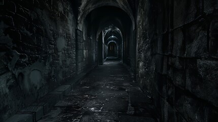 Dark and mysterious footpath through dungeon-like corridors, hinting at a nightmarish journey, mystical school concept