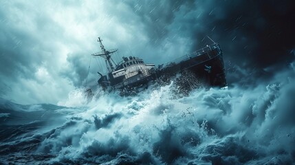 Close view of a ship sinking at sea, water cascading over its sides as the ocean claims the vessel, evoking urgency - obrazy, fototapety, plakaty