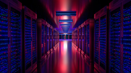 Futuristic data center corridor with vibrant lighting