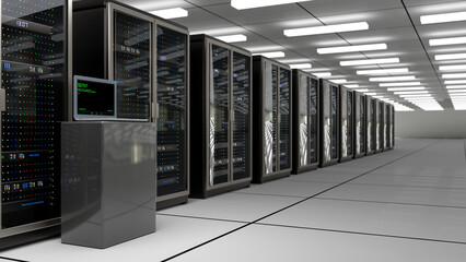 Modern data center with row of server racks