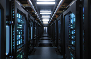 Modern data center hallway with illuminated server racks