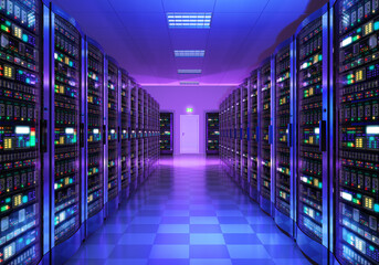 Futuristic data center room with vibrant neon lights