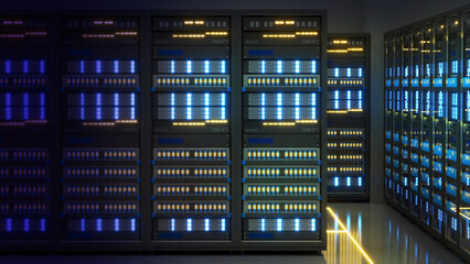 Modern data center server room with glowing led lights