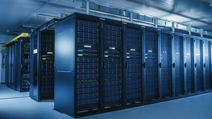 Modern data center with row of servers
