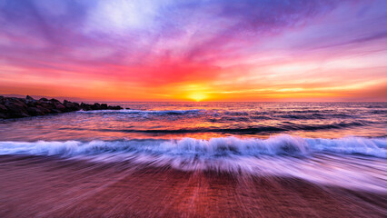Vibrant beach sunset with waves