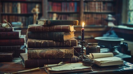 A stack of old books on a table in a study. The books are surrounded by inkwells, quills, and other writing implements. A candle is burning on the table, providing the only light.