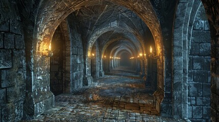 Close-up 3D illustration of fantasy medieval dungeon architecture, detailed stone arches and torch-lit corridors