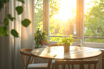 Modern dining room interior with a round wooden table, chairs and lamp in the style of scandinavian style. Sunny daylight