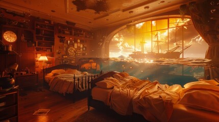 Artistic view of a warmly lit bedroom, beds aligned perfectly, with a ship sinking in the background, giving a surreal, immersive feel