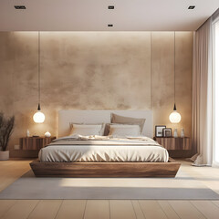 best Minimalist interior design of a modern bedroom features a beige stucco wall.