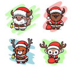 Cute bison and reindeer in santa uniform, for Christmas celebration. cute stickers for advertising and content creation