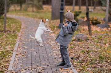 Fototapeta premium Caucasian boy playing with a dog for a walk in the autumn park. 