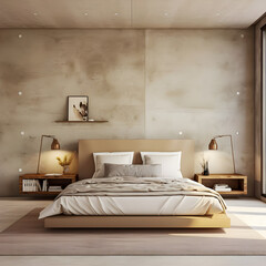 best Minimalist interior design of a modern bedroom features a beige stucco wall.