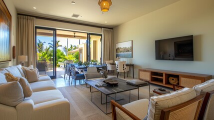A view of the living room from the dining room. The living room has a beige wall, and it is furnished with a sofa, coffee table, and armchairs. The sofa is facing the television
