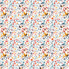 Cute seamless pattern with birds and flowers, colorful, suitable for cover patterns, such as gift covers and wall backgrounds