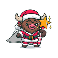 Cute bison in santa uniform holding magic wand with stars, for Christmas celebration. bull in xmas costume, funny stickers for advertising, and creative content
