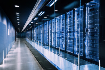 Modern data center hallway with servers