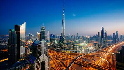 Twilight over dubai skyline with iconic burj khalifa