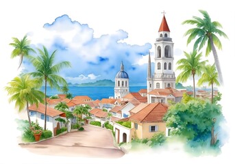 Naklejka premium Qatar Country Landscape Watercolor Illustration Art