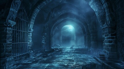 Detailed image of an ancient underground dungeon, dark corridors leading to barred cells, with mystical lighting, for nightmare concepts