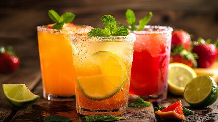 agua frescas, colorful fruits cocktail on wooden table for Cinco de Mayo background.