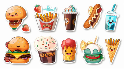 Cartoon fast food stickers. Retro comic cards and label with hot dog, ice cream and drinks. Trendy mascot food characters. Design elements for food restaurant vector set 3D avatars set vector icon, wh