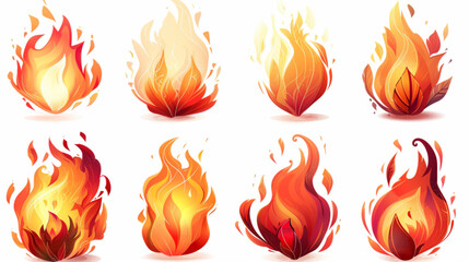 Cartoon fire. Flame of infernal fireballs, red and yellow campfire, hot wildfire and bonfire, burn power. Hellfire, burning icons isolated vector set 3D avatars set vector icon, white background, blac