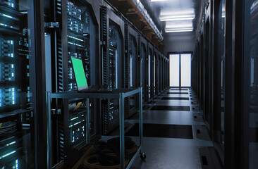 Modern data center aisle with server racks