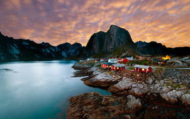 Majestic sunset over norwegian fishing village