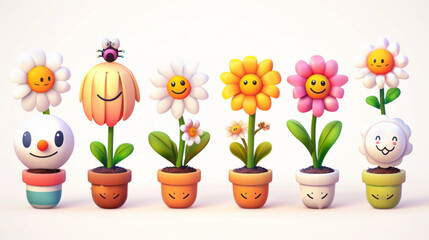 Cartoon flower character. Daisy retro constructor. Smiley flower face, funny walking mascot chamomile with bee, plant in pot. Trendy design sticker, vector set 3D avatars set vector icon, white backgr
