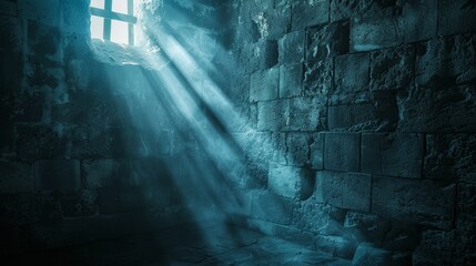 Detailed close-up of a dark dungeon room with a beam of light creating eerie shadows on the stone walls, emphasizing age and mystery