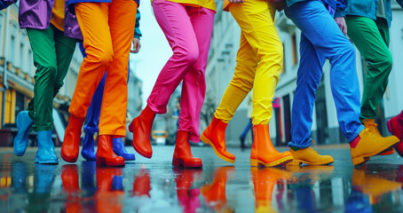 lose-up of legs wearing colorful trousers.