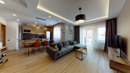 A wide-angle view of the apartment. The apartment is spacious and well-lit. The floors are made of wood, and the walls are painted white. The furniture is modern and stylish.