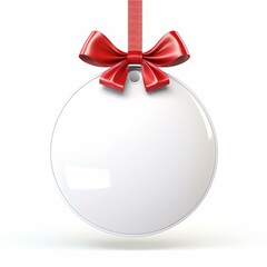 Festive blank white Christmas ball tag with shiny red ribbon and bow, isolated on white, Ai Generated