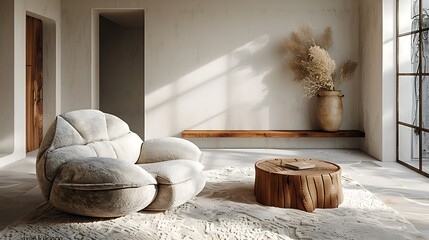 A modern living room designed in a minimalist japandi style with white walls, an armchair and a round sofa against a clean and serene background