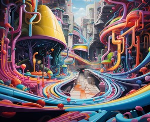 Synthetic Surrealism Colourful Abstract Cyberpunk City Ensemble