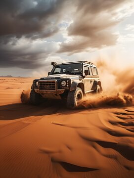 Off-road vehicle running through desert sand