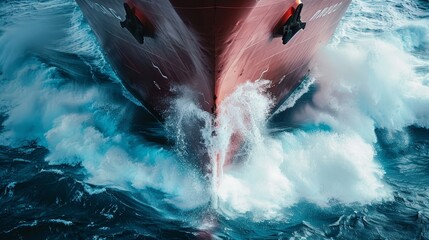 Intense close-up of a ship's bow sinking into the ocean, the stern rising as water swirls around the vessel - obrazy, fototapety, plakaty