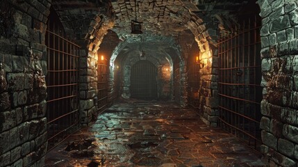 High-detail 3D illustration of a medieval dungeon with carved stone walls, rusty iron bars, and eerie torch-lit halls