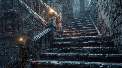 Focused close-up of dungeon architecture, emphasizing rugged stone steps and ornate iron details, fantasy medieval atmosphere