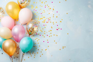 A bunch of colorful balloons on a gray background