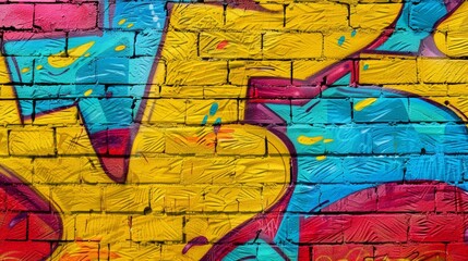 Obraz premium Graffiti street art design with colorful letters on a yellow brick wall background.