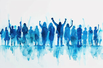 Blue watercolor paint of a group of people protesting