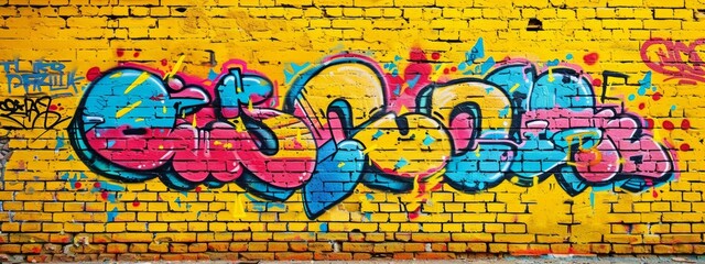 Obraz premium Graffiti street art design with colorful letters on a yellow brick wall background.