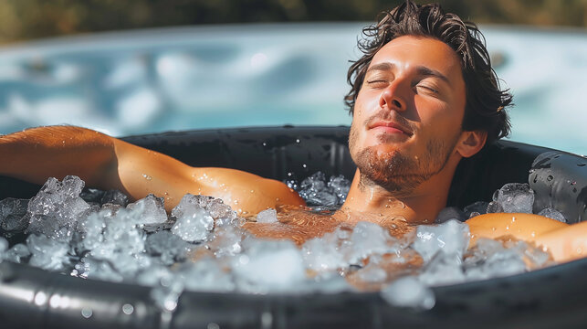 young caucasian man taking an ice bath on tub, outdoors, cryotherapy, athlete's recovery